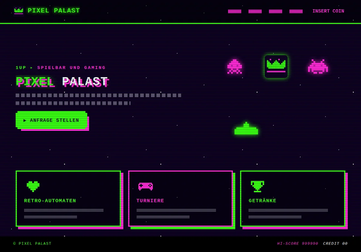 Vorschau der Vorlage Arcade: Webseite für Gaming, Clans und Spielbars am Beispiel Pixel Palast